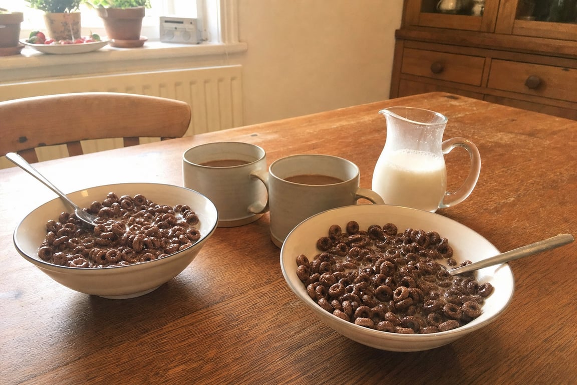 Two bowls of Surreal chocolate cereal with milk and two coffees on a kitchen table, breakfast for two