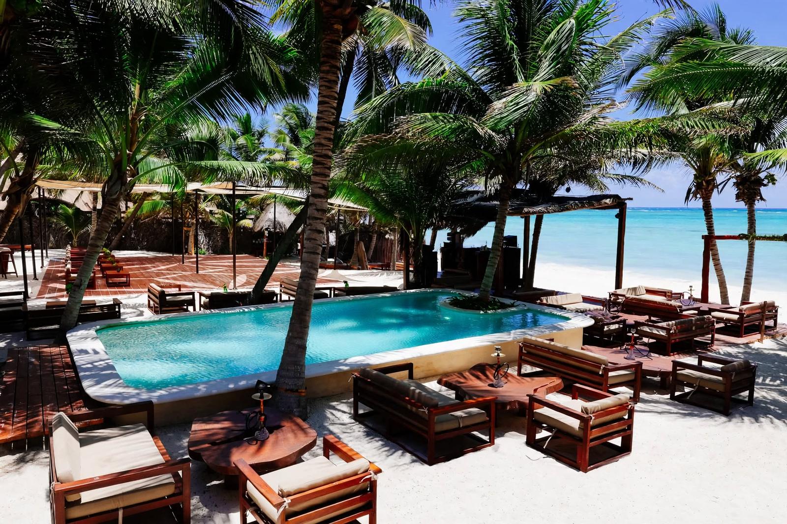 Tulumania’s beachside pool deck with lounge seating, palm trees, turquoise water and a bright, relaxed atmosphere.