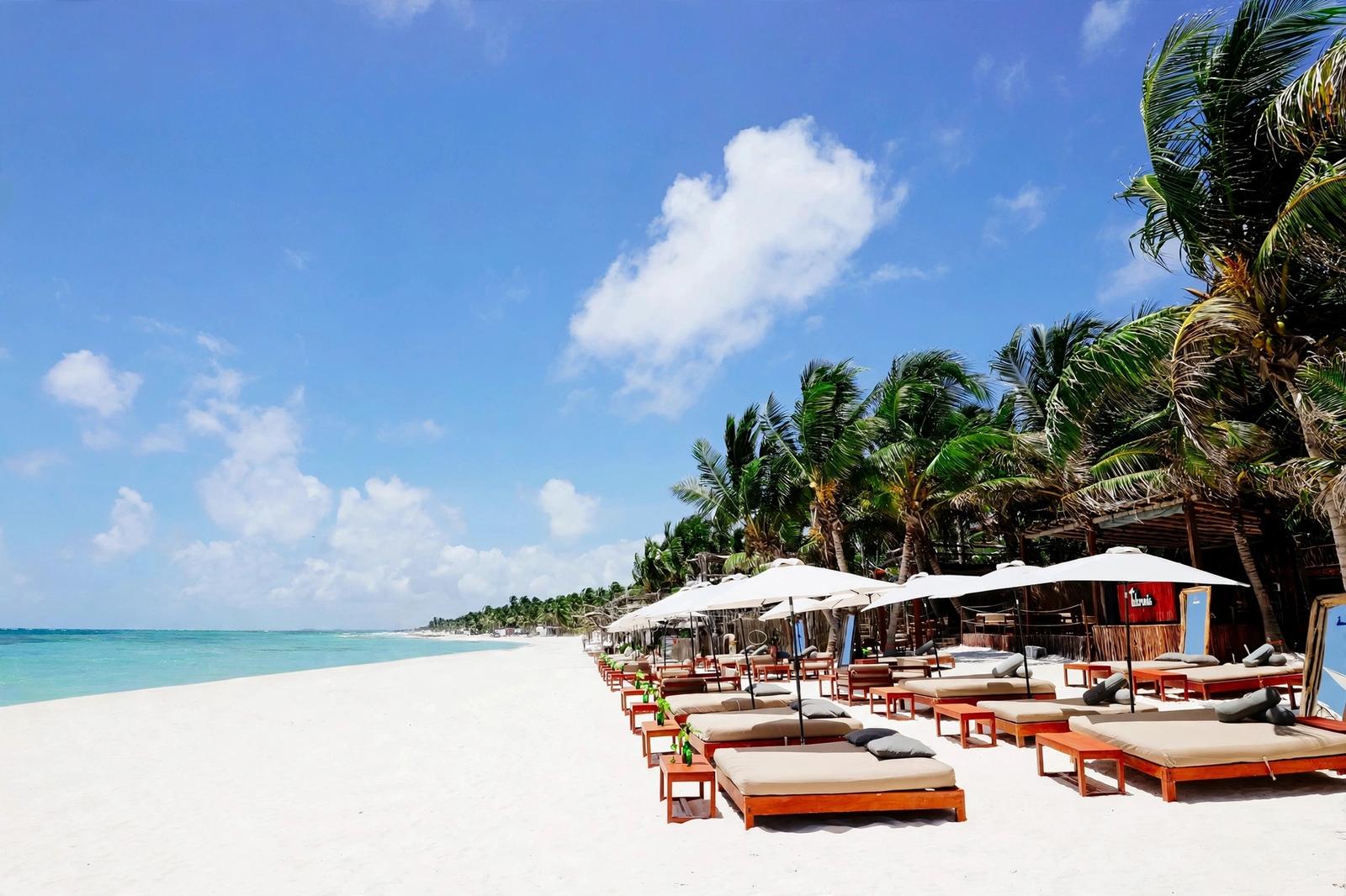 Tulumania’s beach deck has loungers and umbrellas beside turquoise water, palm trees, and a bright relaxed atmosphere.