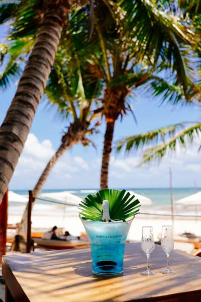Tulumania beach club table with a blue champagne ice bucket and flutes overlooking palm trees and the sea.