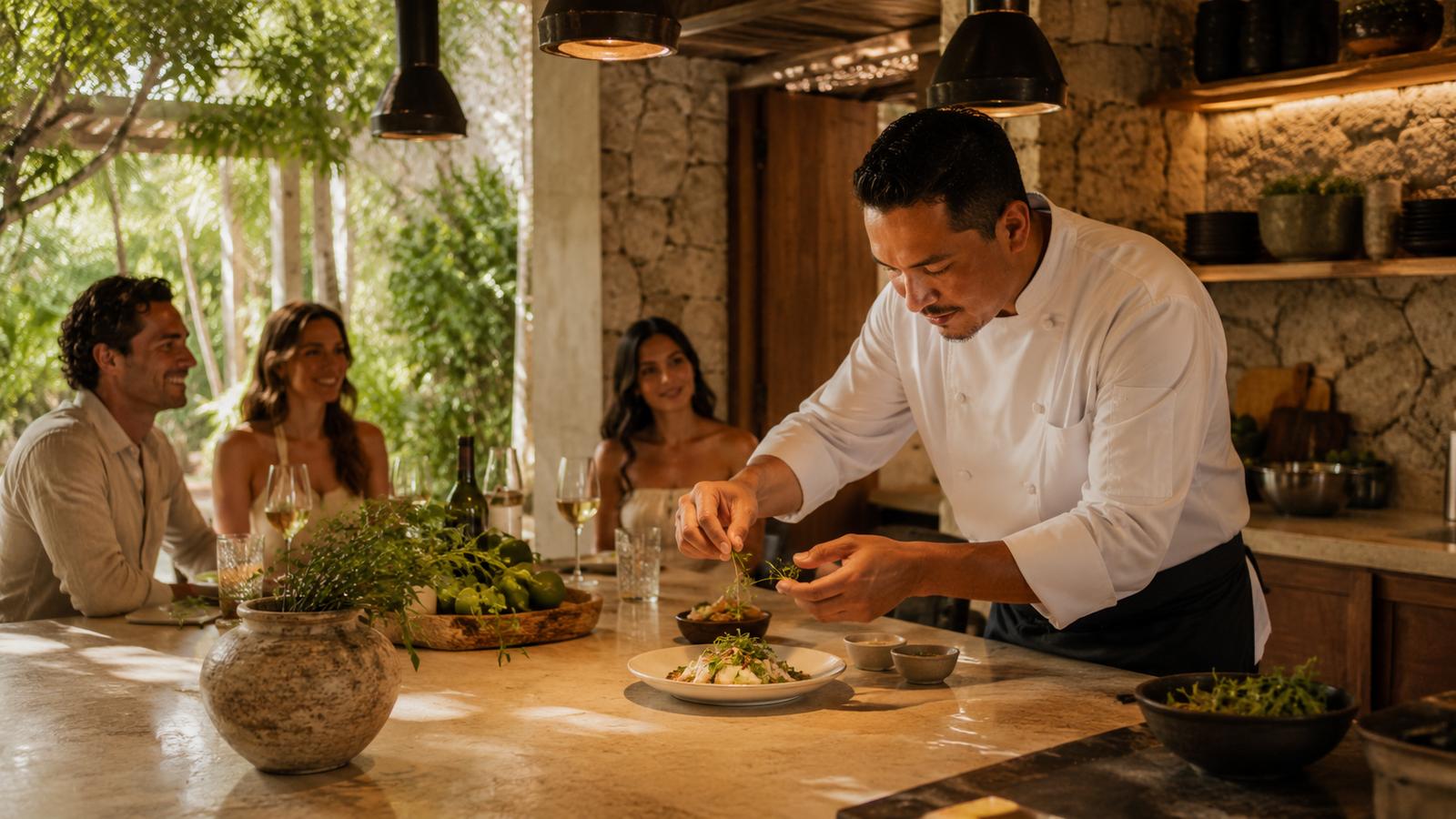 A private chef plating a course at the villa counter as guests look on