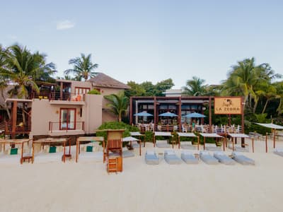 La Zebra Mediterranean beach club with terrace seating under blue umbrellas, lounge chairs on white sand, and palm trees