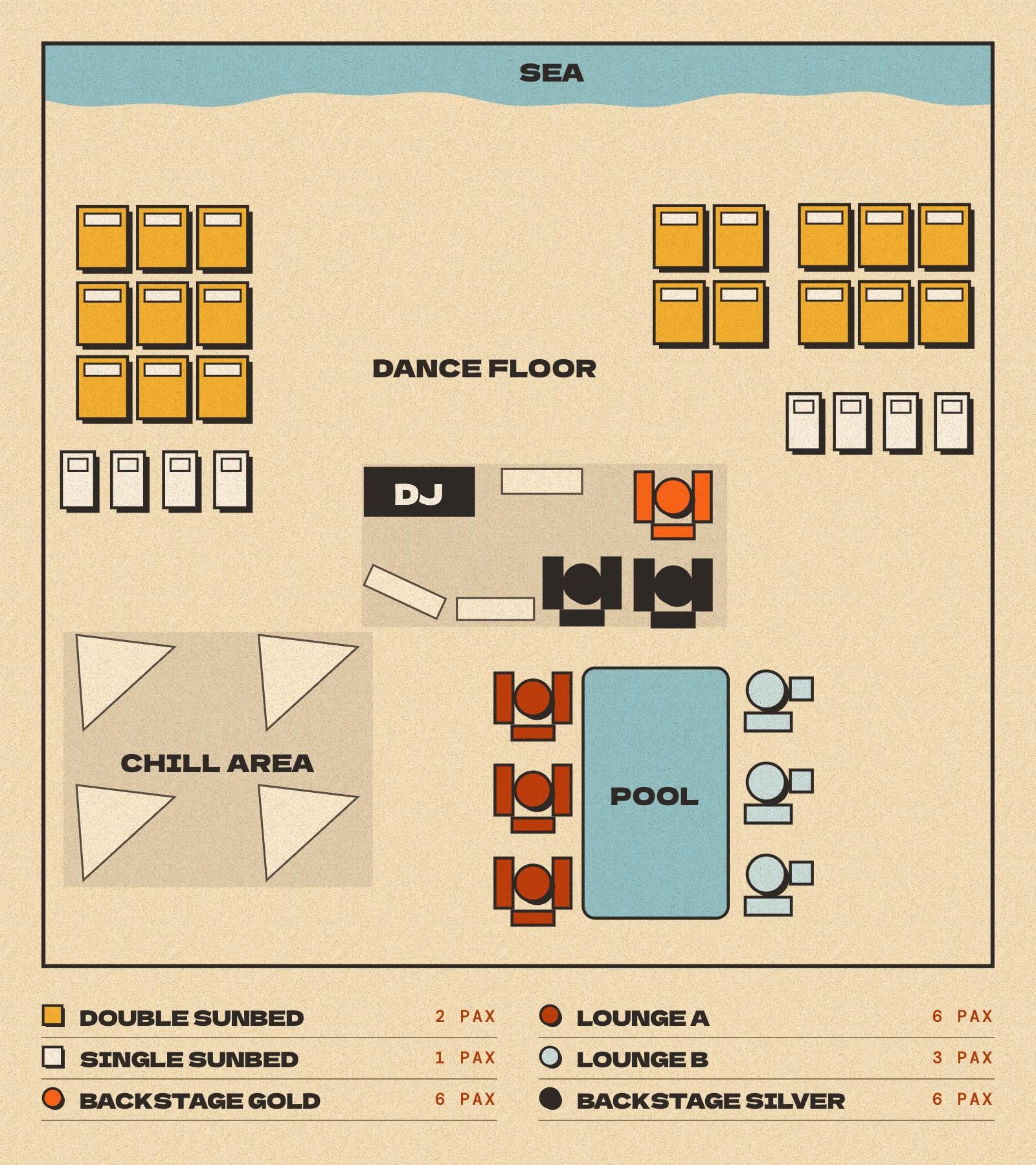 Tu Brunch at Tulumania sunbed and table layout