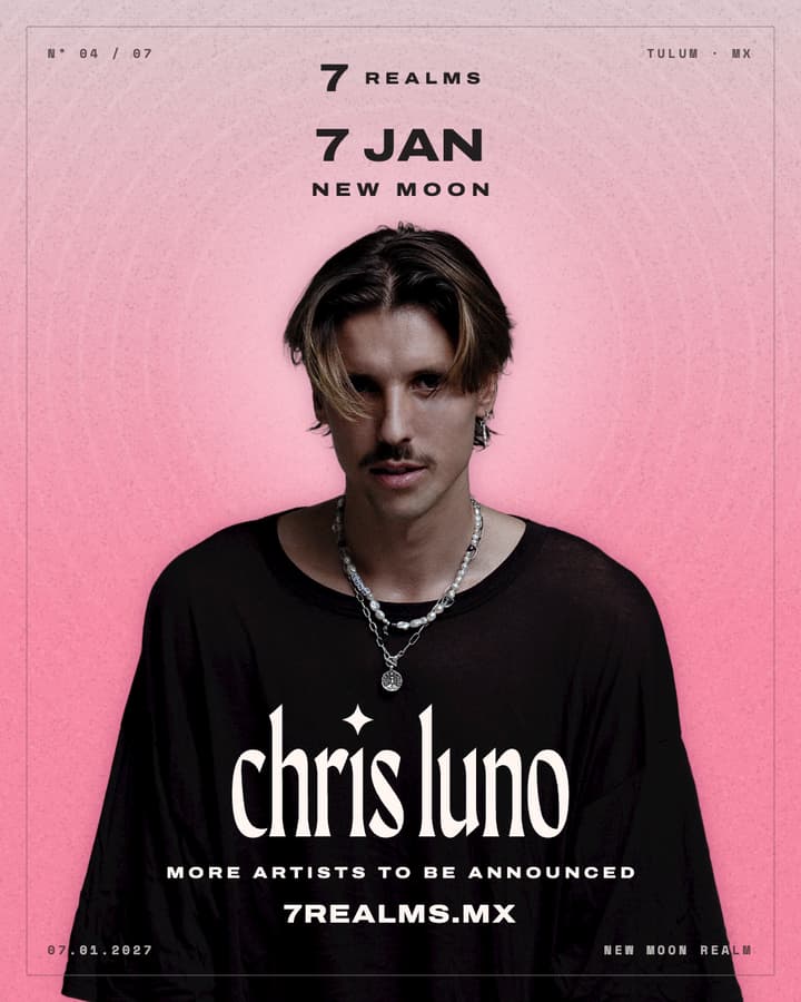 7 Realms New Moon flyer: Chris Luno on a pink background, January 7, 2027, Tulum.