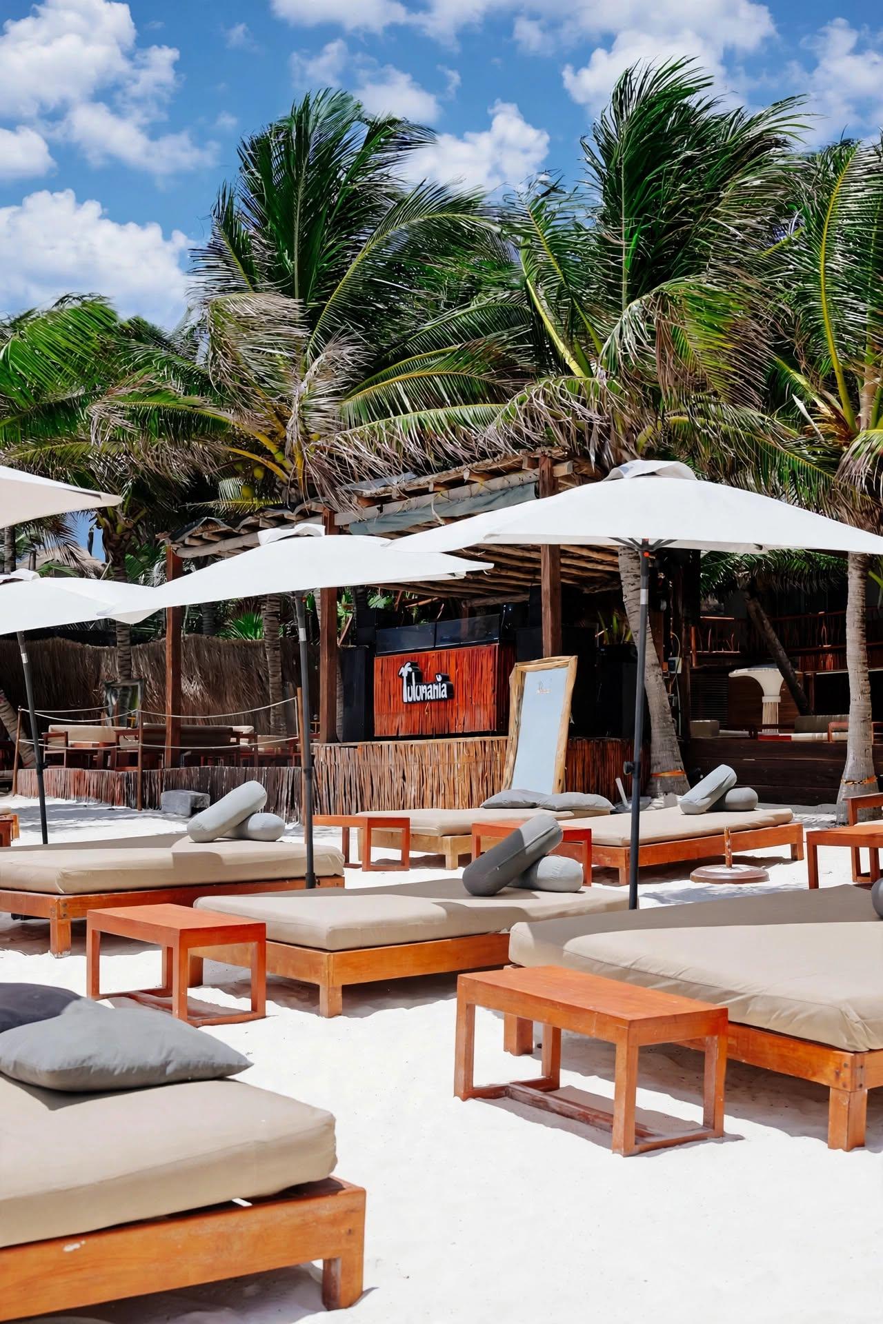 Tulumania beach club with cushioned loungers, umbrellas, palm trees and a bright, relaxed atmosphere.