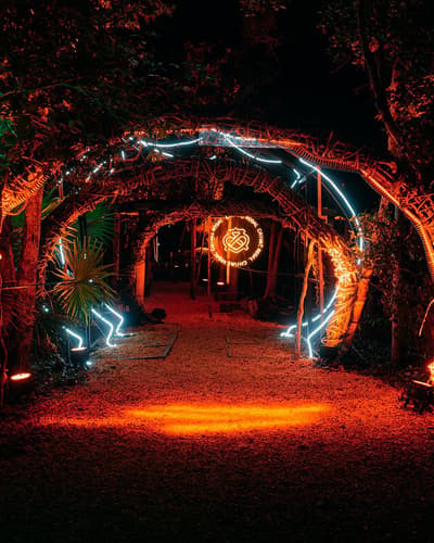 Neon-lit jungle walkway with woven arches and a glowing signs at tehmplo.