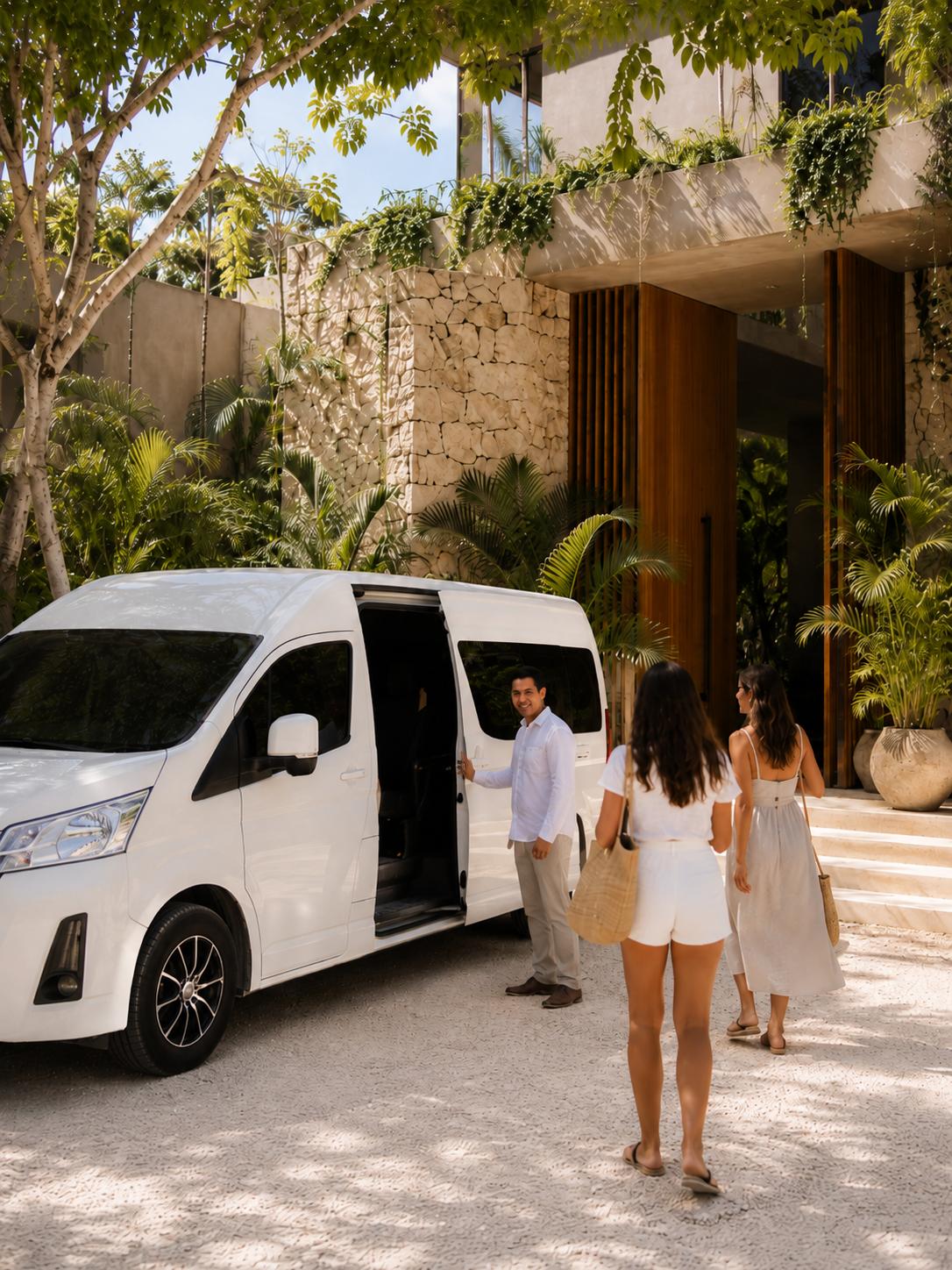 A private driver welcoming guests to a waiting van outside a Tulum villa