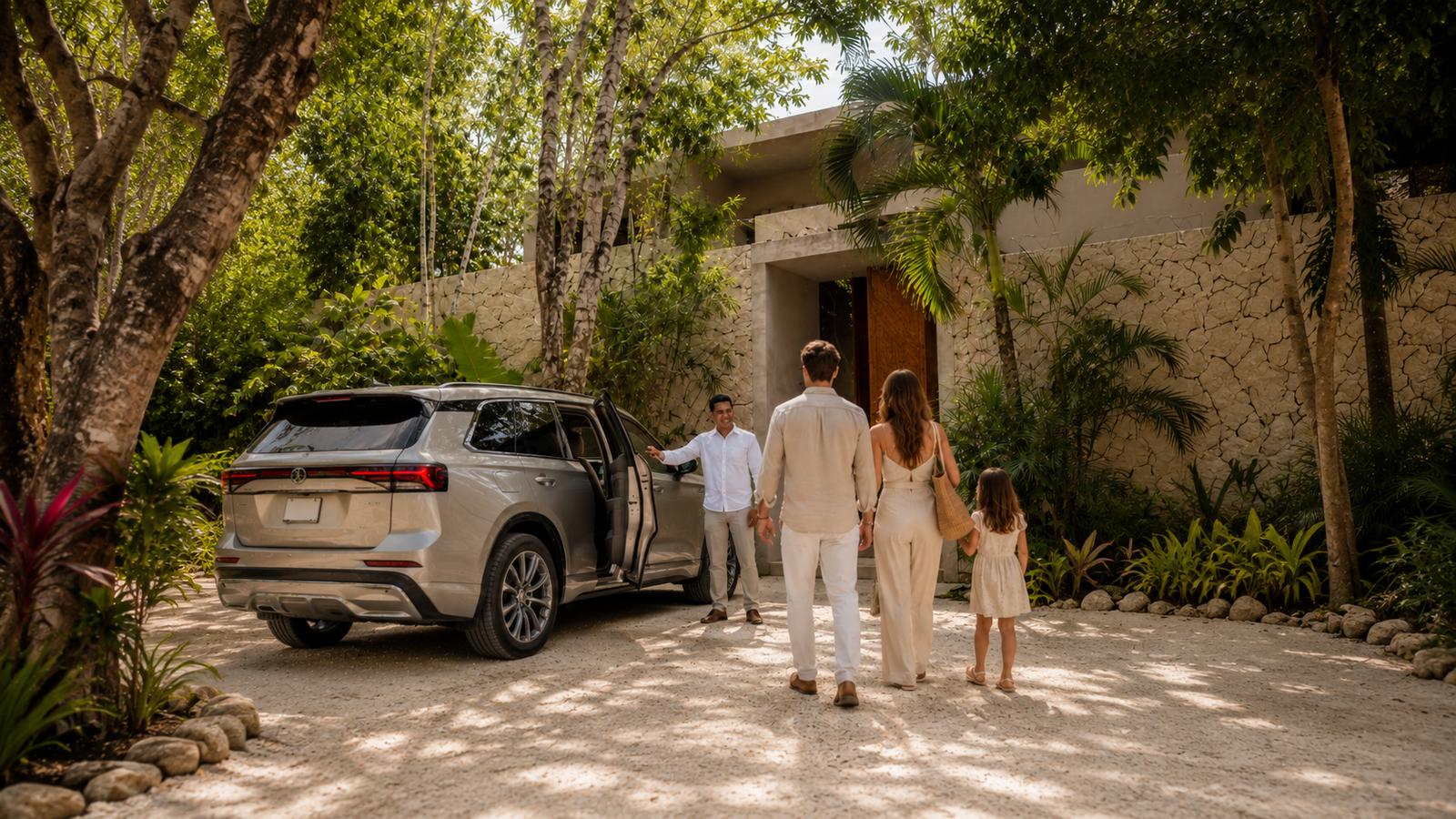 A private driver welcoming a family arriving by SUV at a Tulum villa