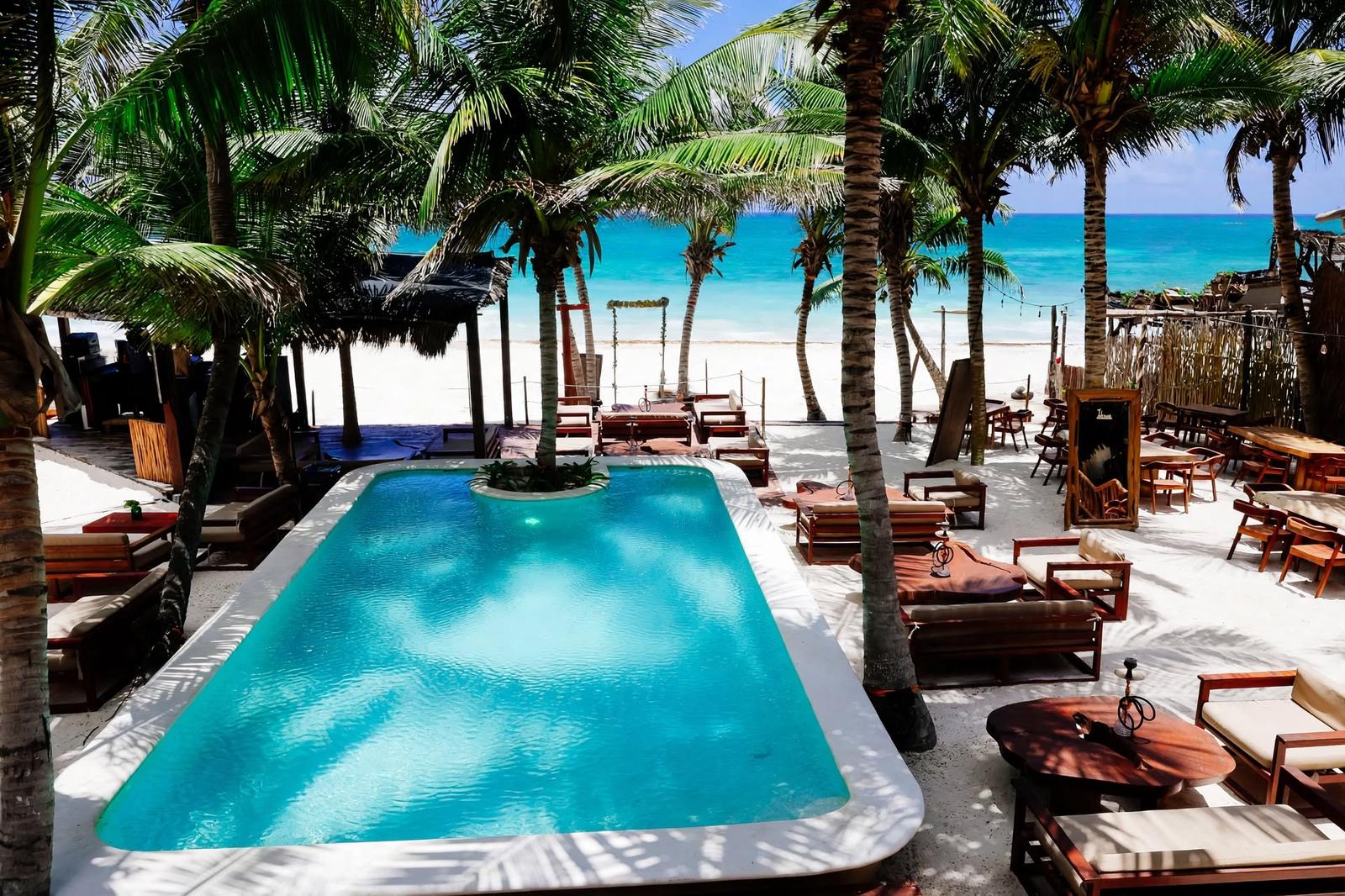 Tulumania’s poolside beach club overlooks turquoise water, with palm trees, lounge chairs, and a relaxed sunny atmosphere.