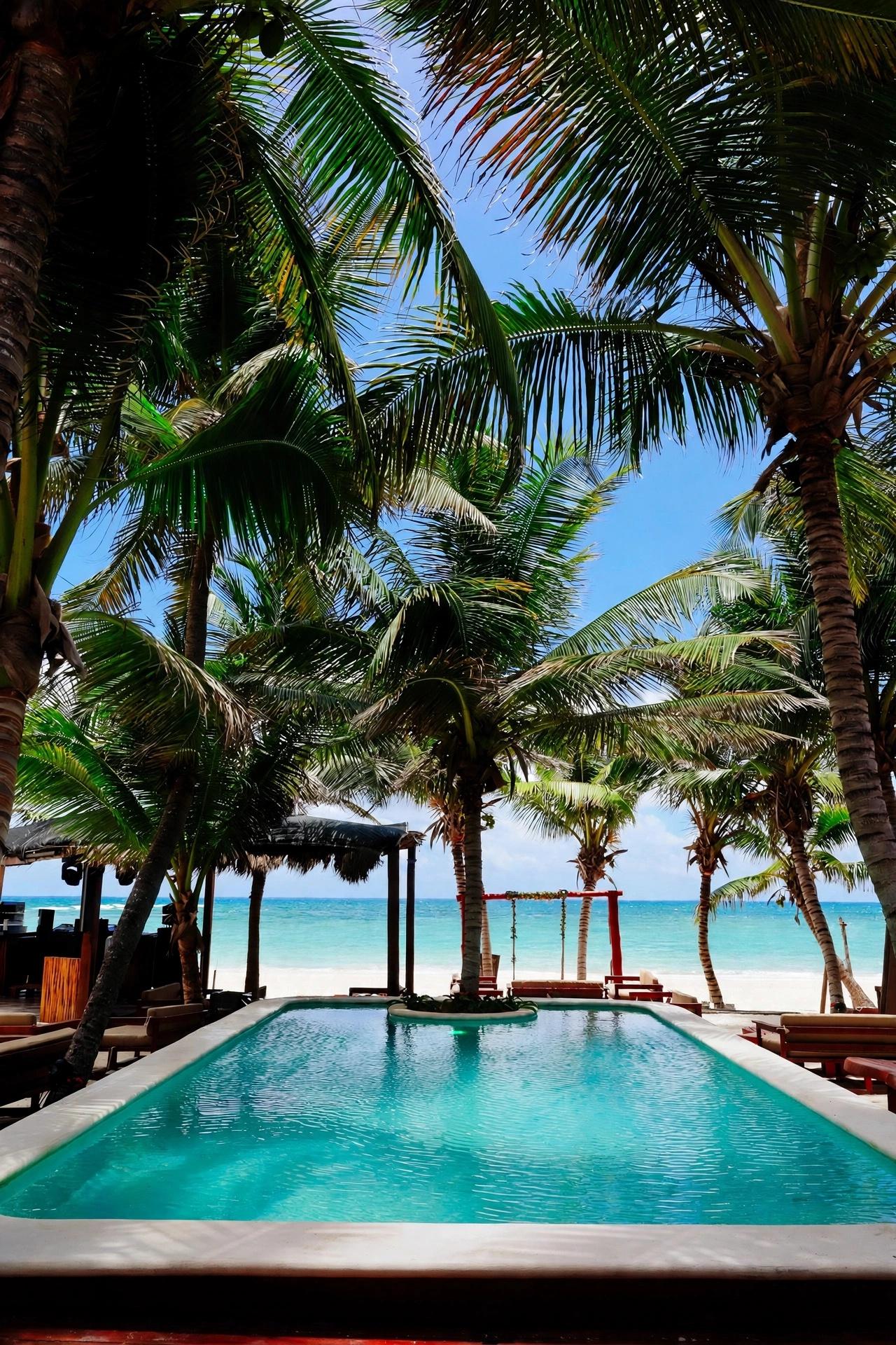 Tulumania pool overlooks a sandy beach and turquoise sea, framed by palm trees under a clear blue sky.