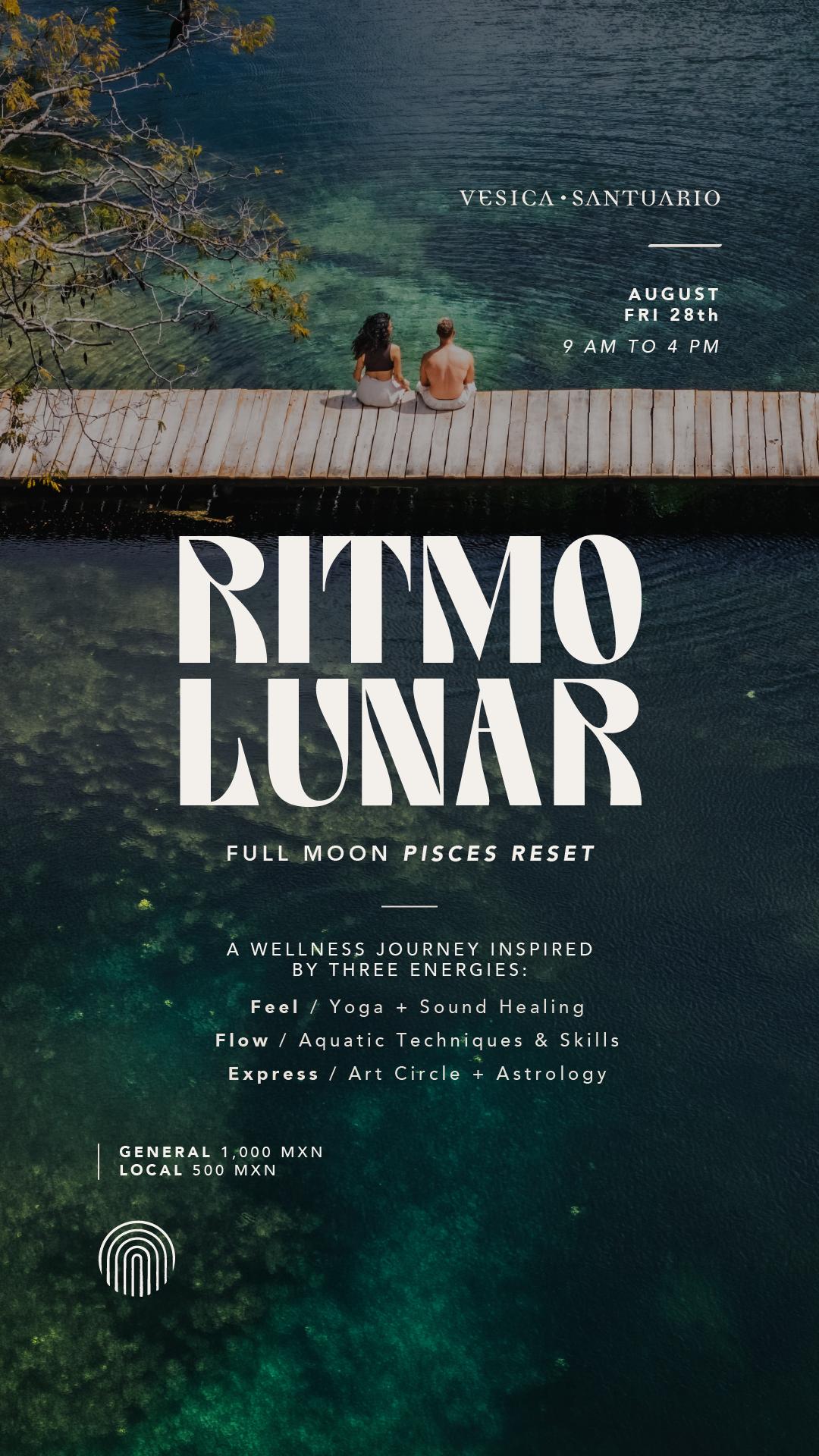 ritmo lunar event flyer at vesica showcasing a couple sitting on the deck of vesica santuario