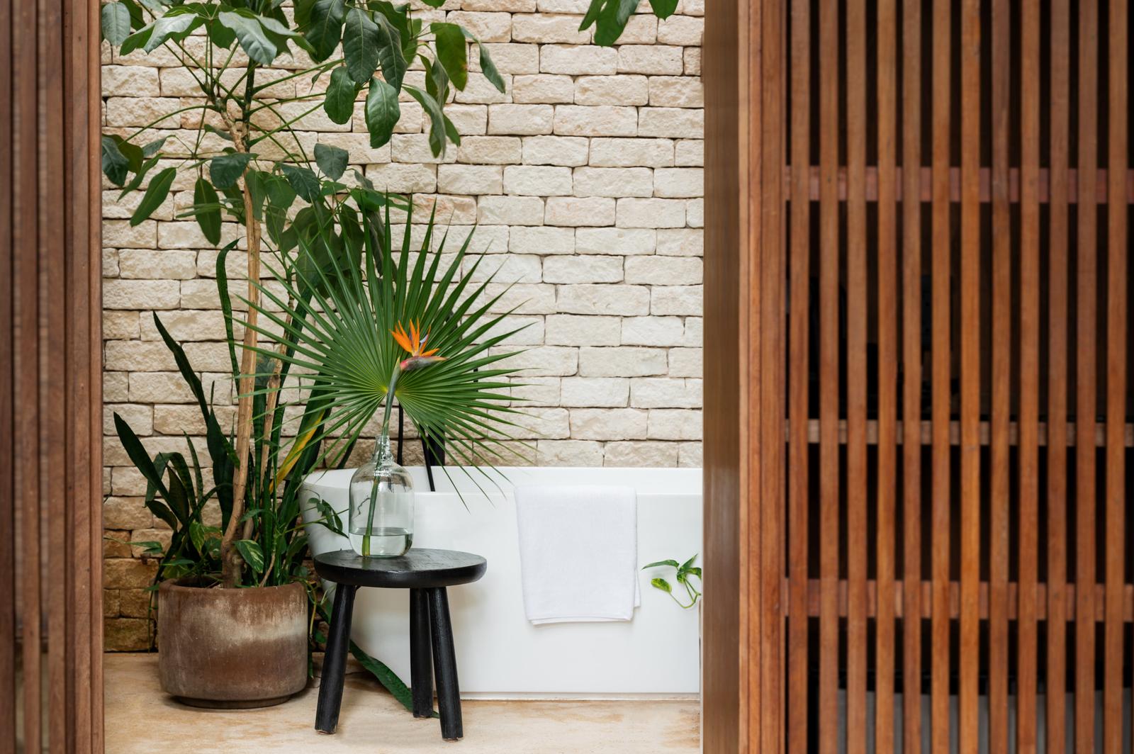 Planted nook between the brick wall and a timber screen