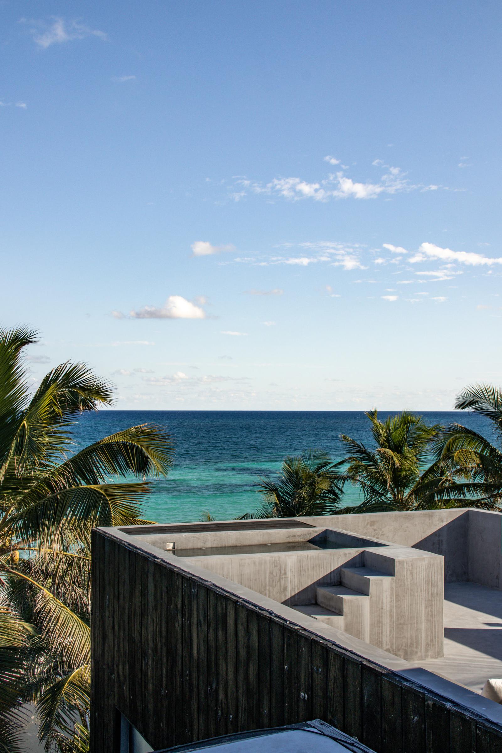 Palm trees and turquoise ocean beyond a modern concrete rooftop under a clear blue sky, creating a calm tropical mood
