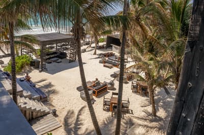 Umi Beachclub with palm trees, lounge seating and tables on a sandy beach overlooking the ocean.