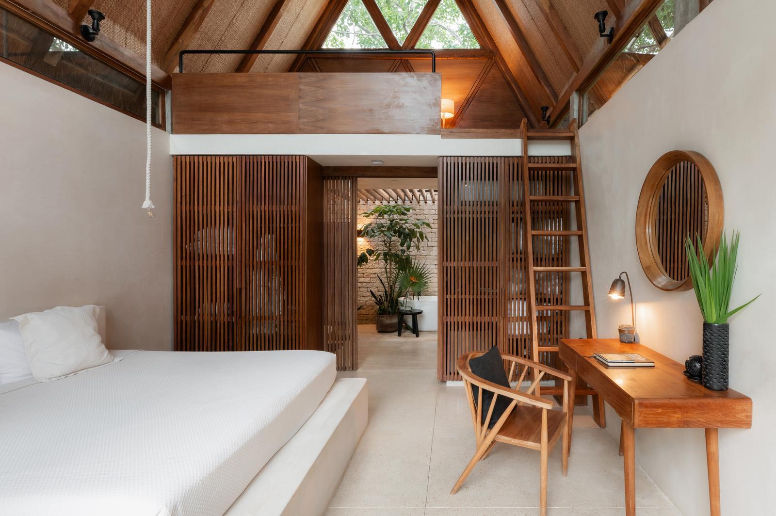 Lodge with a ladder up to the mezzanine sleeping level