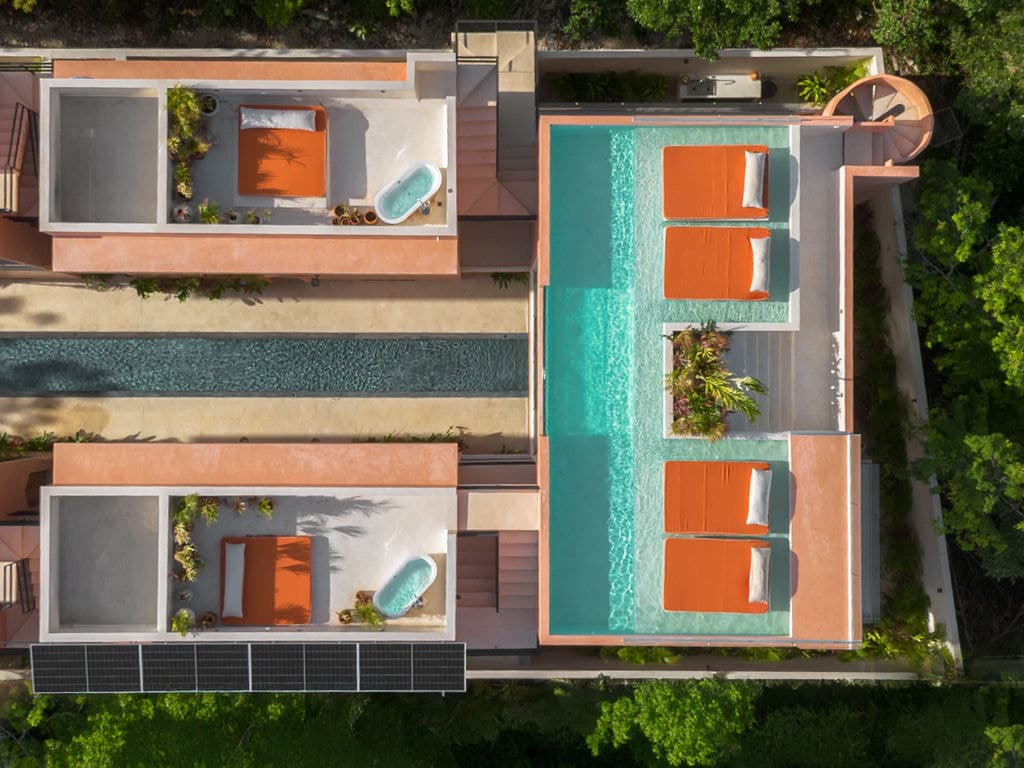 Overhead view of the rooftop pool and loungers
