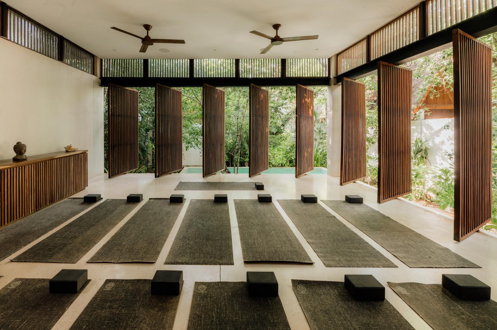 Open room laid out with yoga mats, shutters folded back to the trees