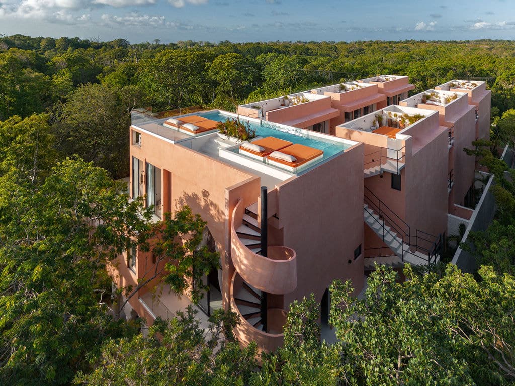 Aerial view of the rooftop terraces and pool