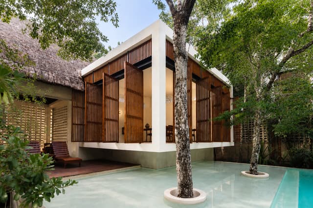 The pool deck, built around standing trees