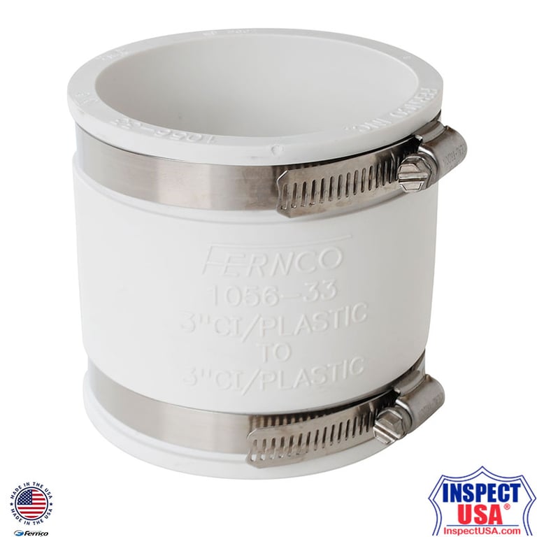 Flexible Coupling 3"x3" WHITE Fernco (79037) with SS Heavy Duty Clamps