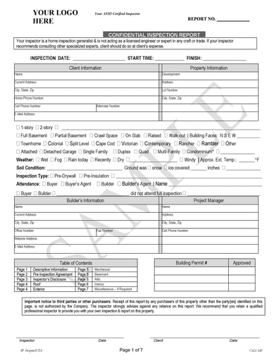 Report Forms InspectUSA Inspection Single Sheet (PRD1) w/Cover