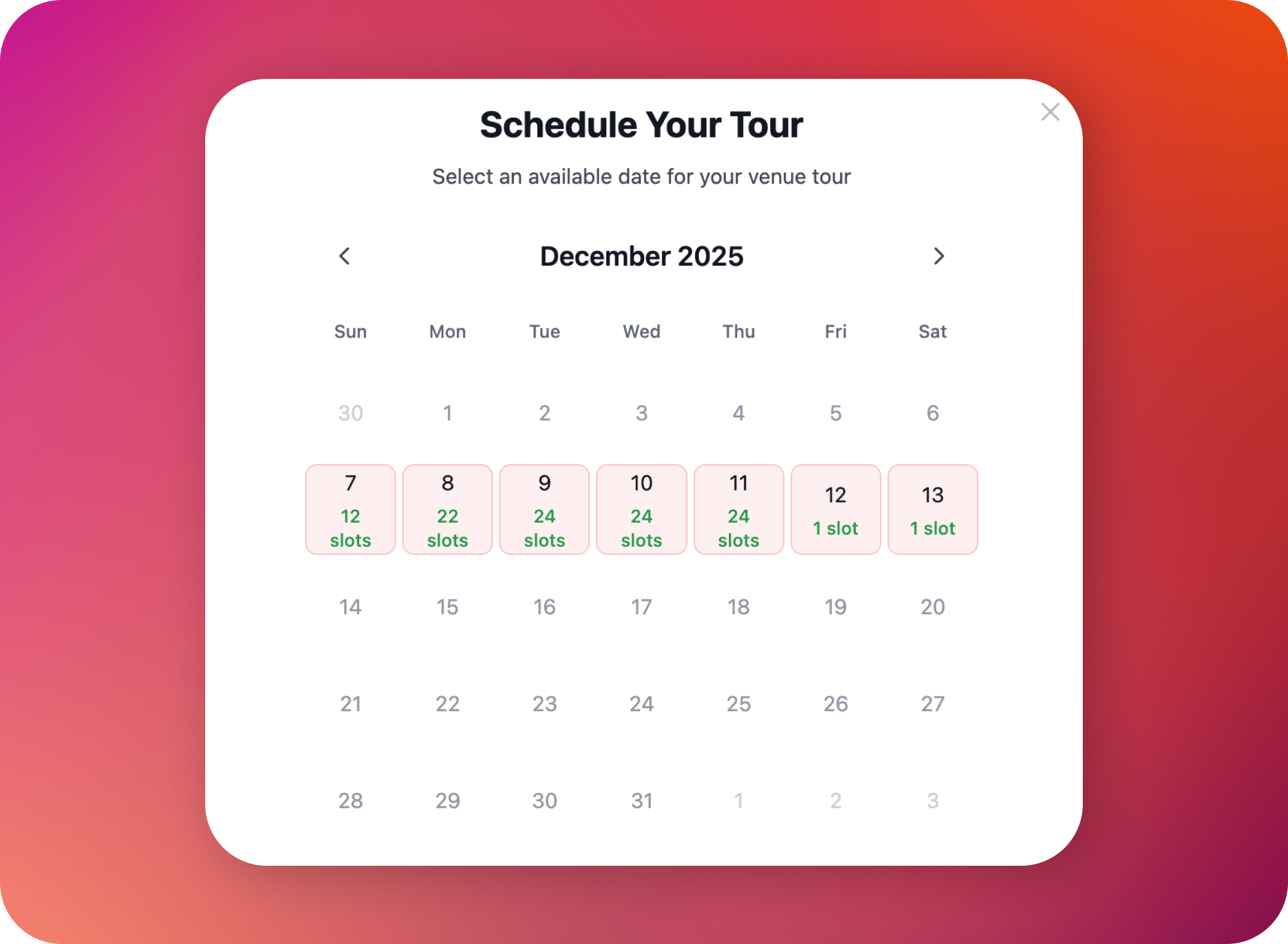 Tour booking calendar on iPhone