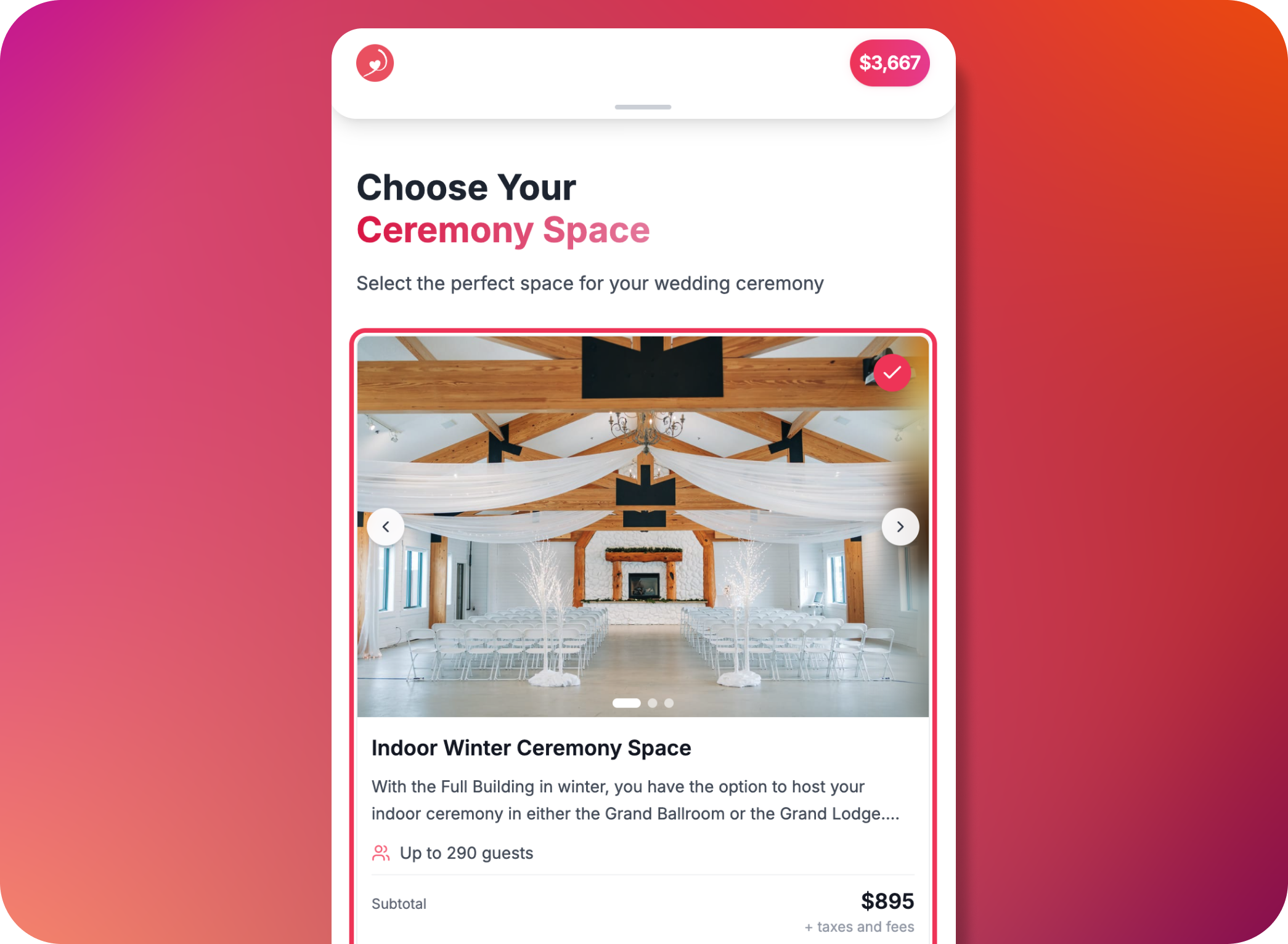 Add-to-Cart Wedding Builder showing pricing