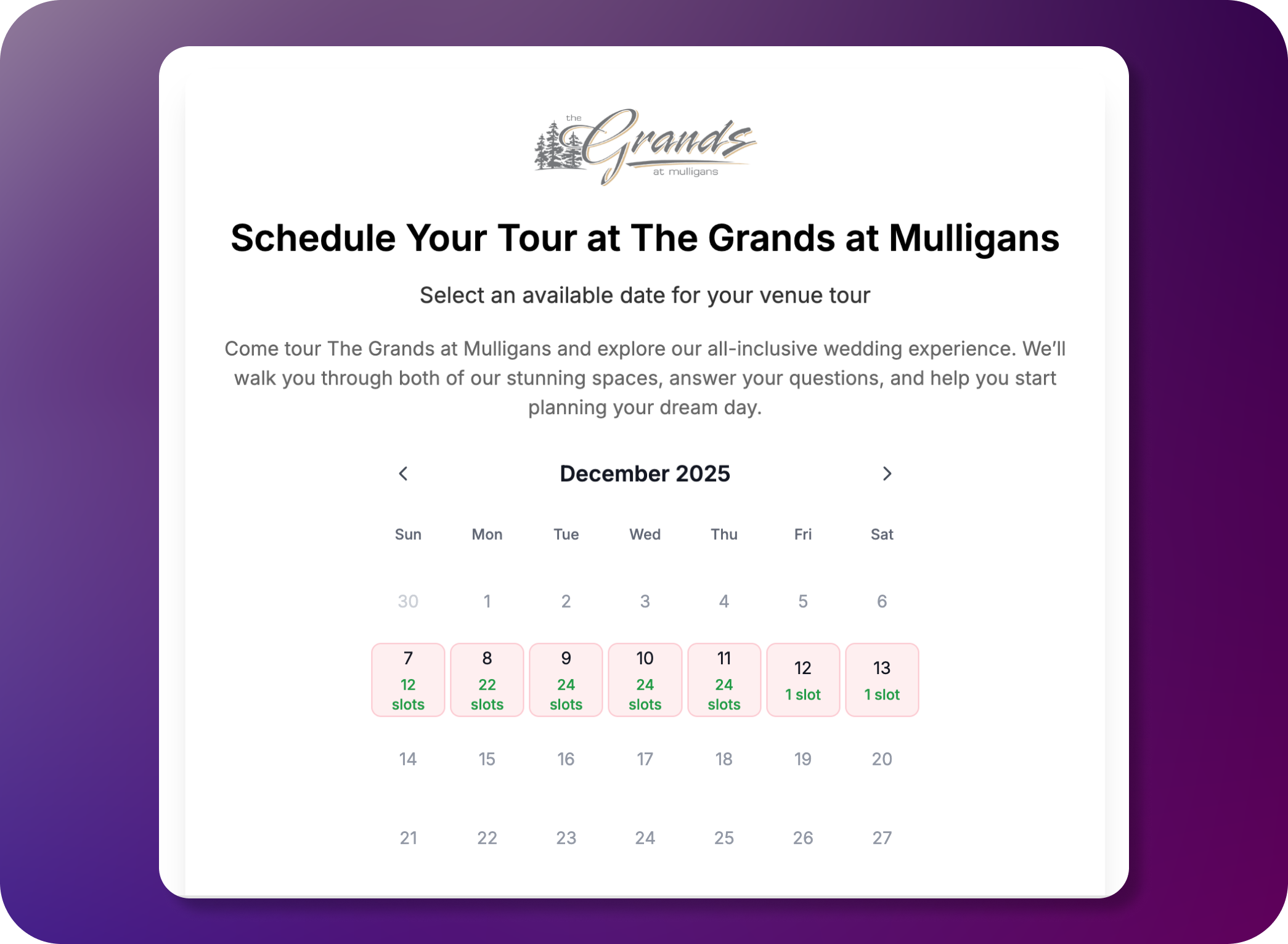 Tour scheduling embed calendar