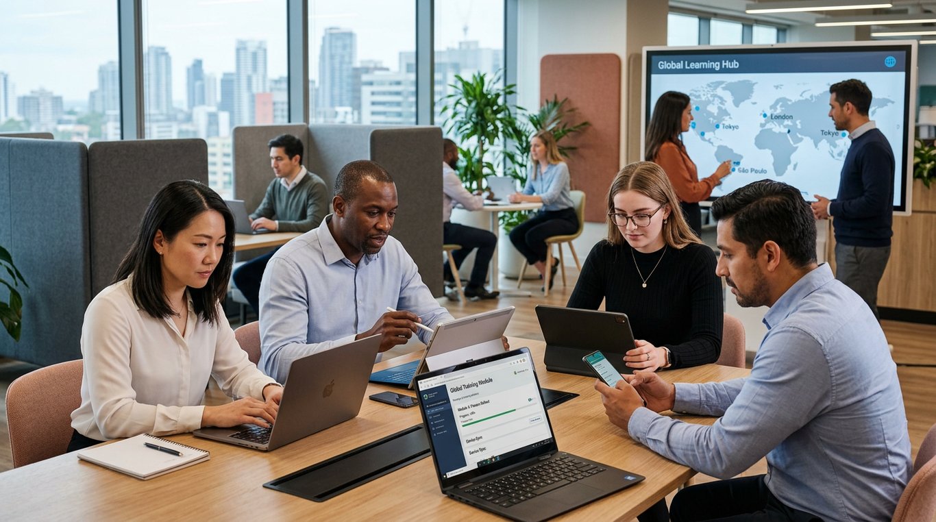 how do we handle global rollouts when employees are using different devices and learning e