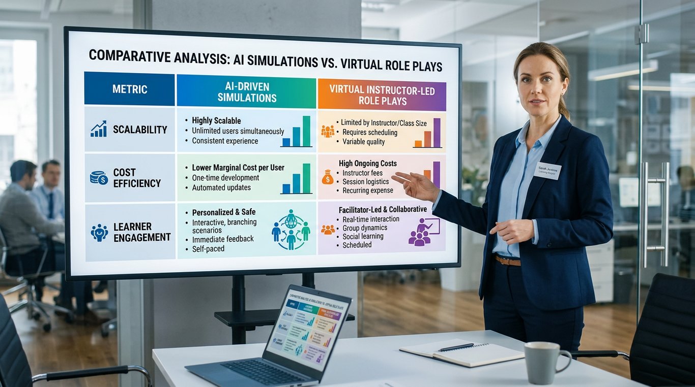 how do ai-driven simulations compare to virtual instructor-led role plays for scale cost a