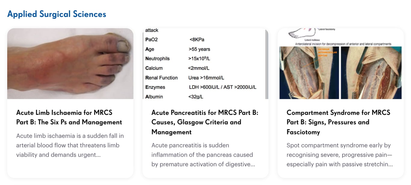 Knowledge articles on acute limb ischaemia, acute pancreatitis and compartment syndrome