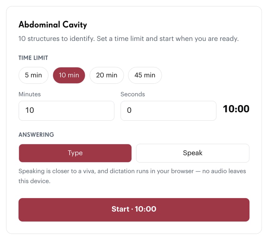 Timed spot test set-up: a time limit and typed or spoken answers