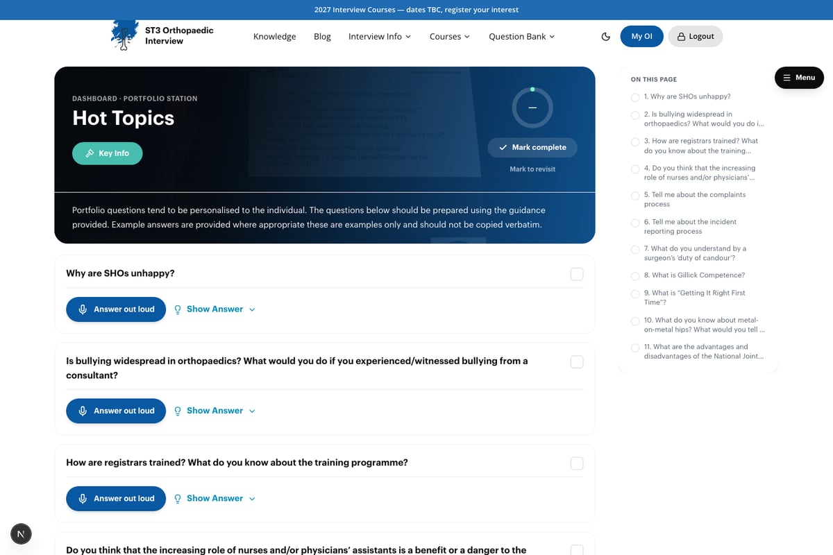 Ortho Interview question bank station page showing the Answer out loud spoken-practice button on each ST3 orthopaedic interview question — orthointerview.com
