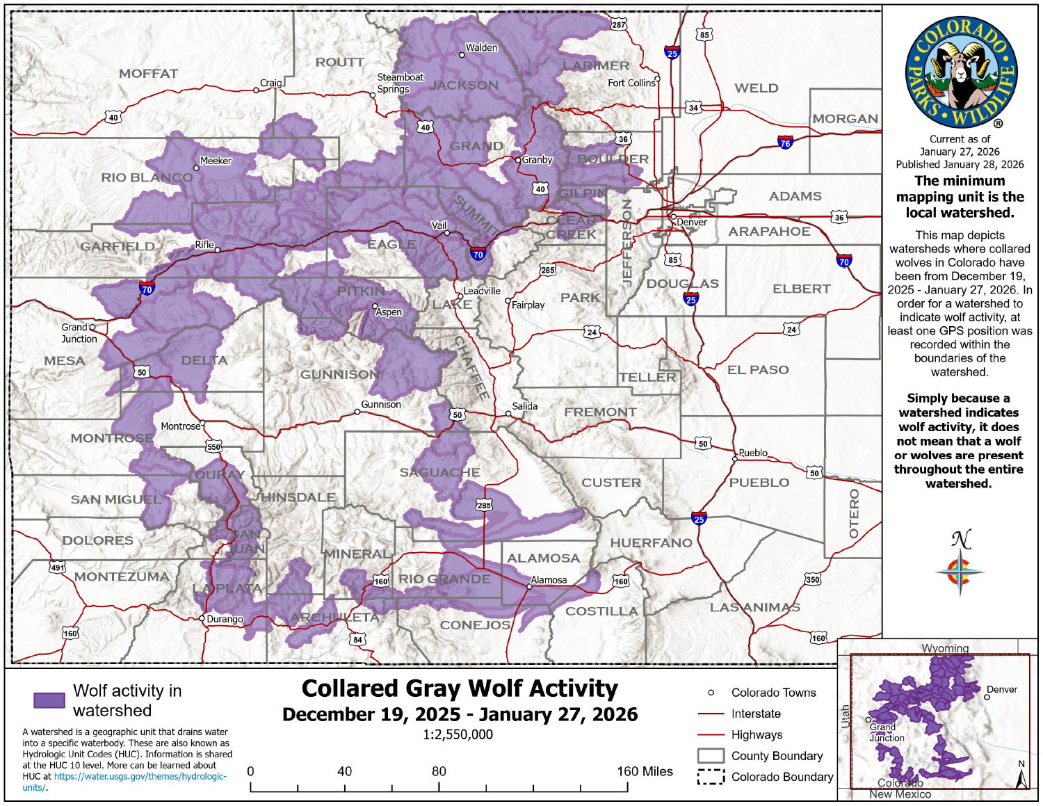 Colorado’s Collared Wolf Activity from December 19, 2025 - January 27, 2026. Map from cpw.state.co.us.