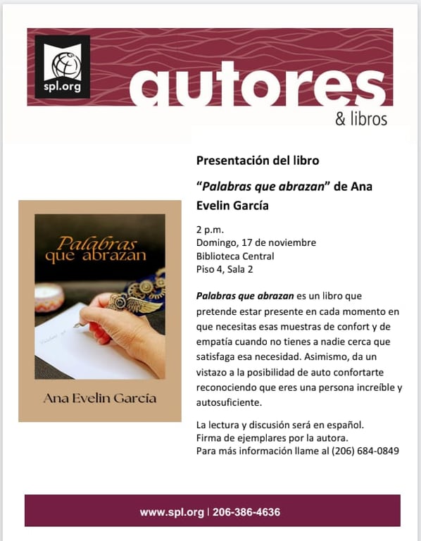 Ana Evelin Garcia Lanzamiento de 3er Libro en la Biblioteca Central de Seattle. Poemario.