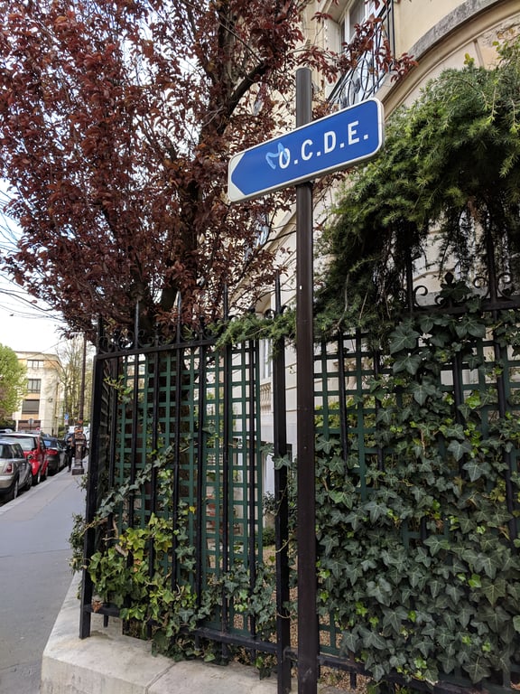 Señal que indica la sede de la OCDE en París durante la presentación de su Outlook