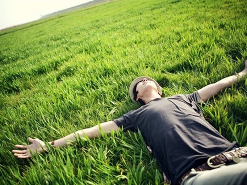 躺在艳阳下的青草地上