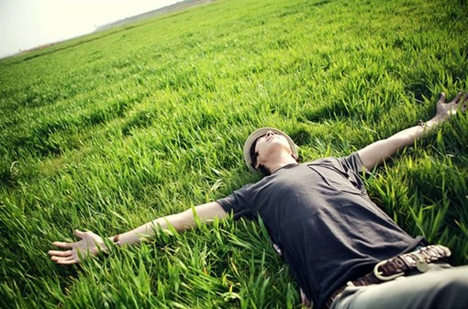 躺在艳阳下的青草地上