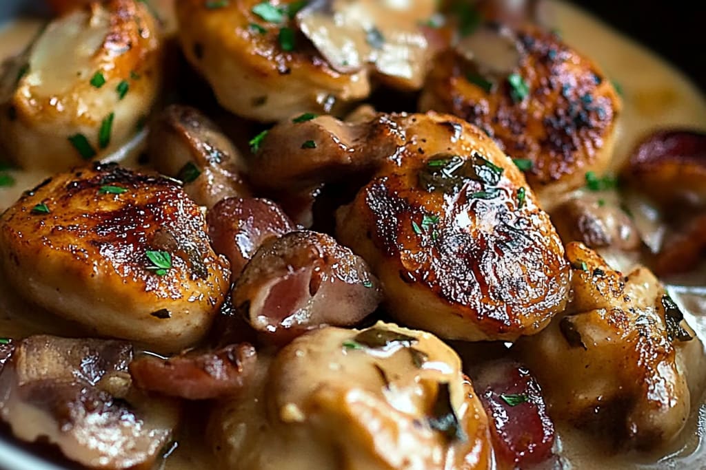 Émincés de Poulet à la Moutarde, Lardons et Champignons : Un Plat Réconfortant et Gourmand
