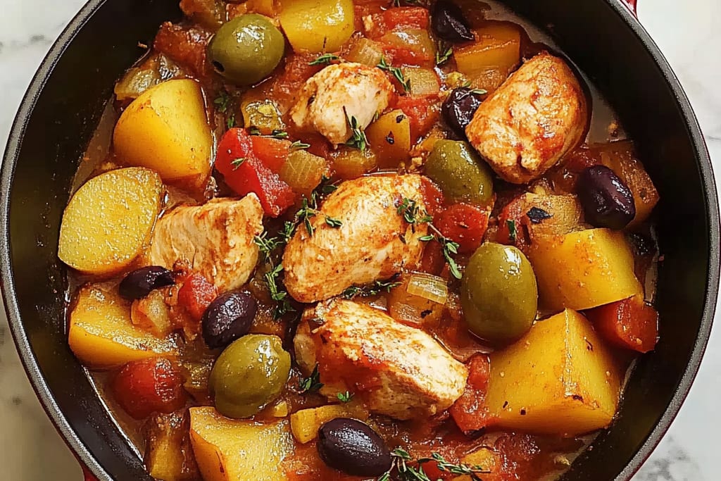 Poulet aux Poivrons, Pommes de Terre et Olives en Sauce Tomate : Une Recette Incroyable et Réconfortante