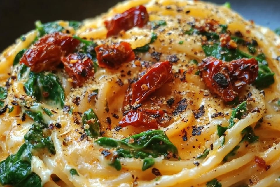 Spaghetti & Spinach with Sun-Dried Tomato: An Incredible 7-Ingredient Simple Pasta Dish