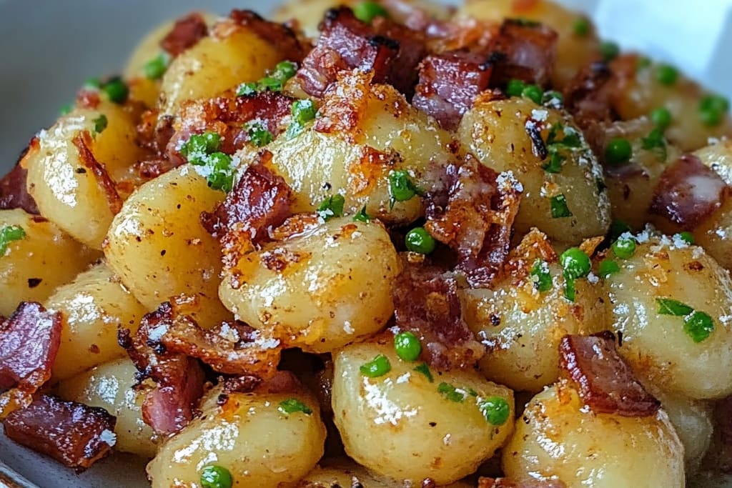 Gnocchis Rissolés aux Petits Pois, Lardons Fumés et Noix : Une Symphonie de Saveurs Réconfortantes