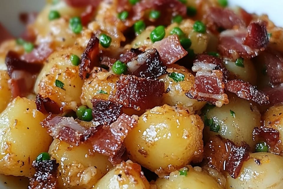 Gnocchis Rissolés aux Petits Pois, Lardons Fumés et Noix : Une Explosion de Saveurs Réconfortantes