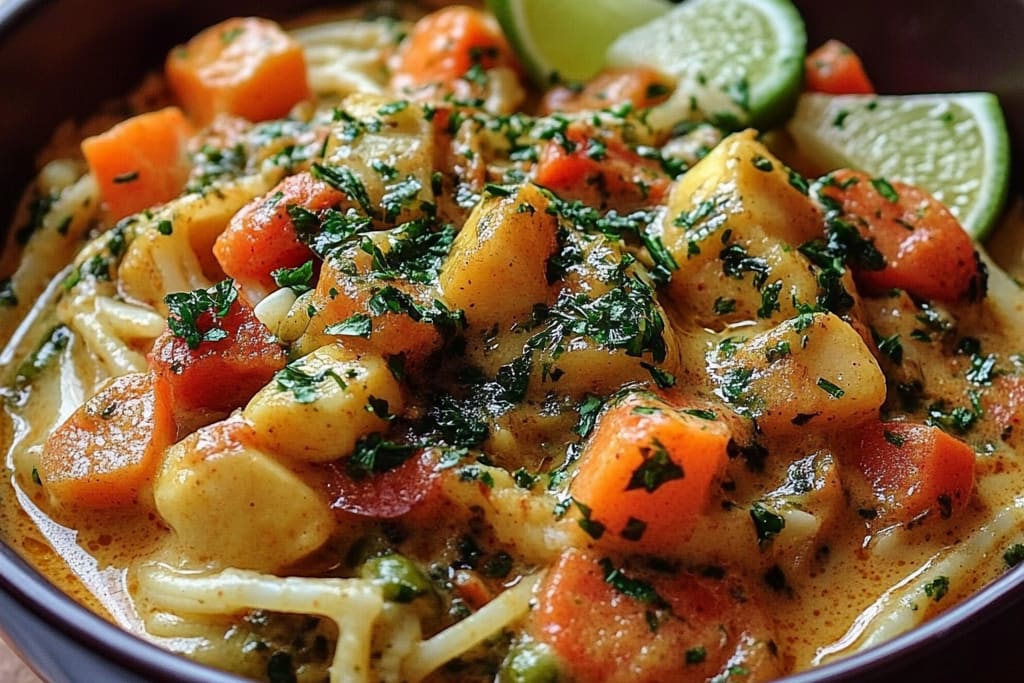 Pâtes aux légumes, lait de coco & curry : Une Évasion Culinaire Tropicale