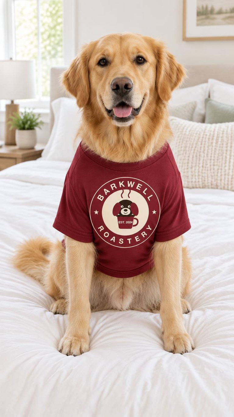 AI photo of a Golden Retriever wearing a burgundy t-shirt with a round brand logo on the chest