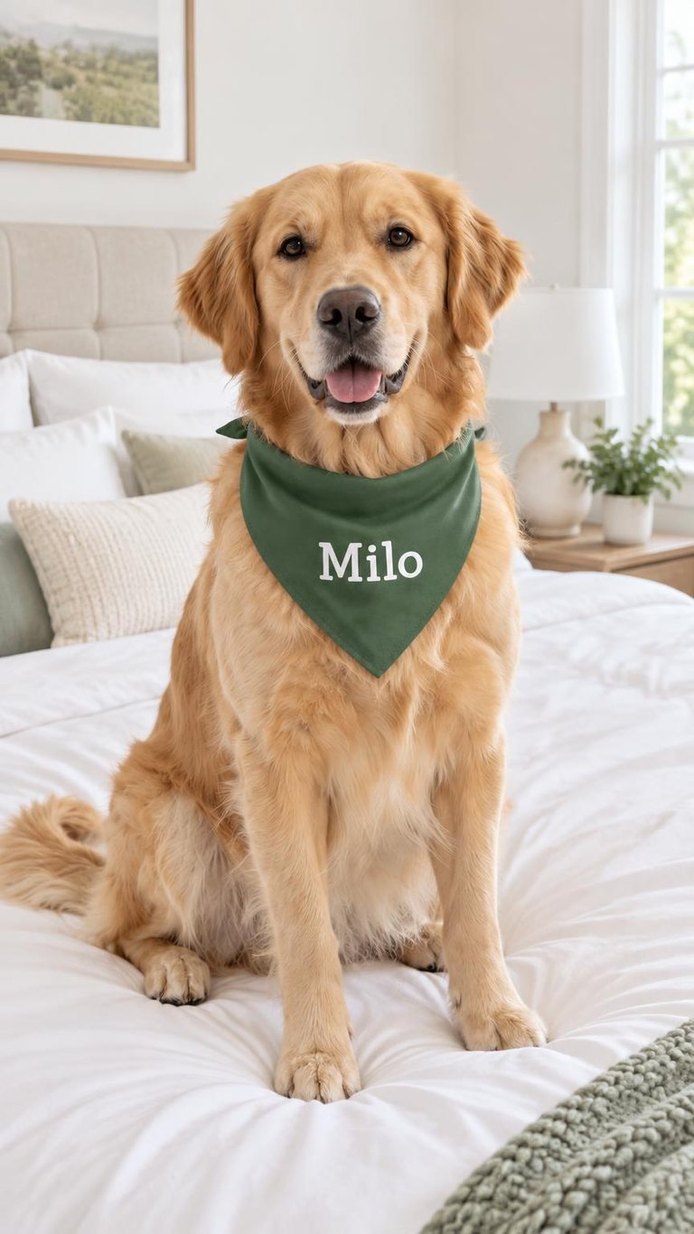 AI photo of a Golden Retriever wearing a green bandana with the name Milo on it