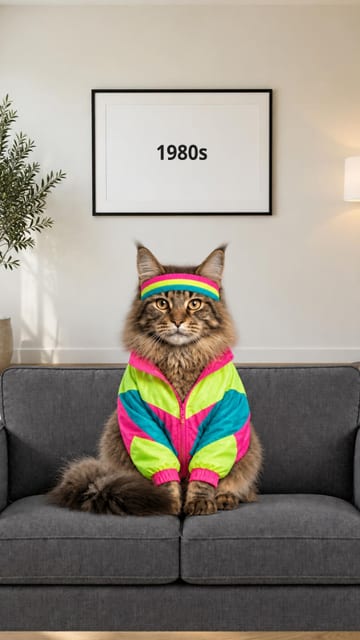Me in every decade pet meme slideshow example with a Maine Coon