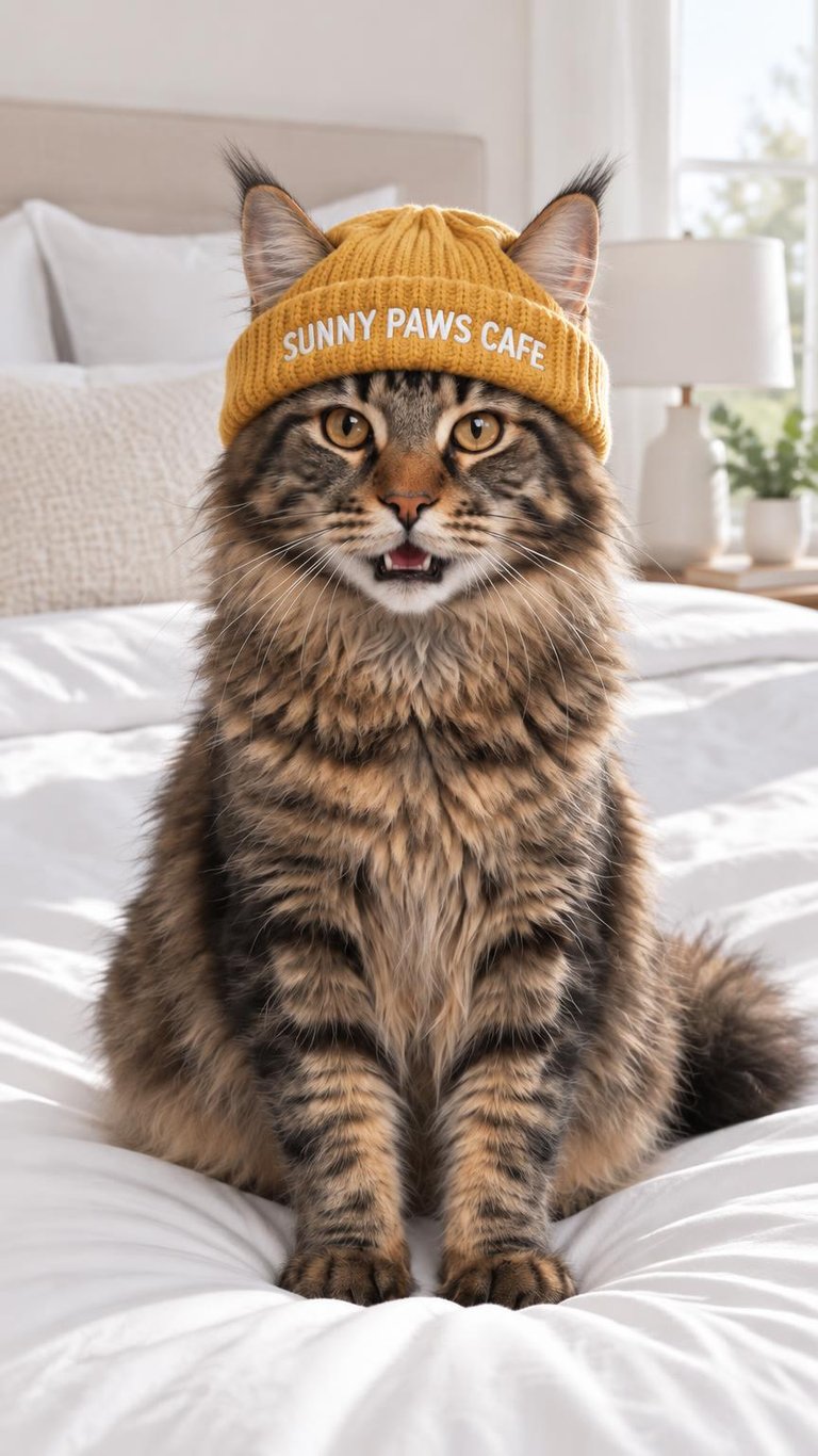 AI photo of a Maine Coon cat wearing a mustard beanie embroidered with the words Sunny Paws Cafe