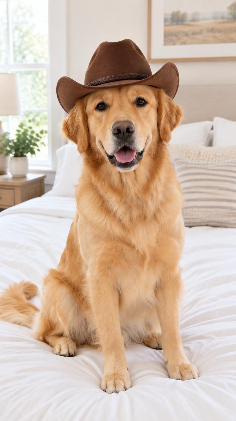 AI photo of a Golden Retriever wearing a plain brown cowboy hat