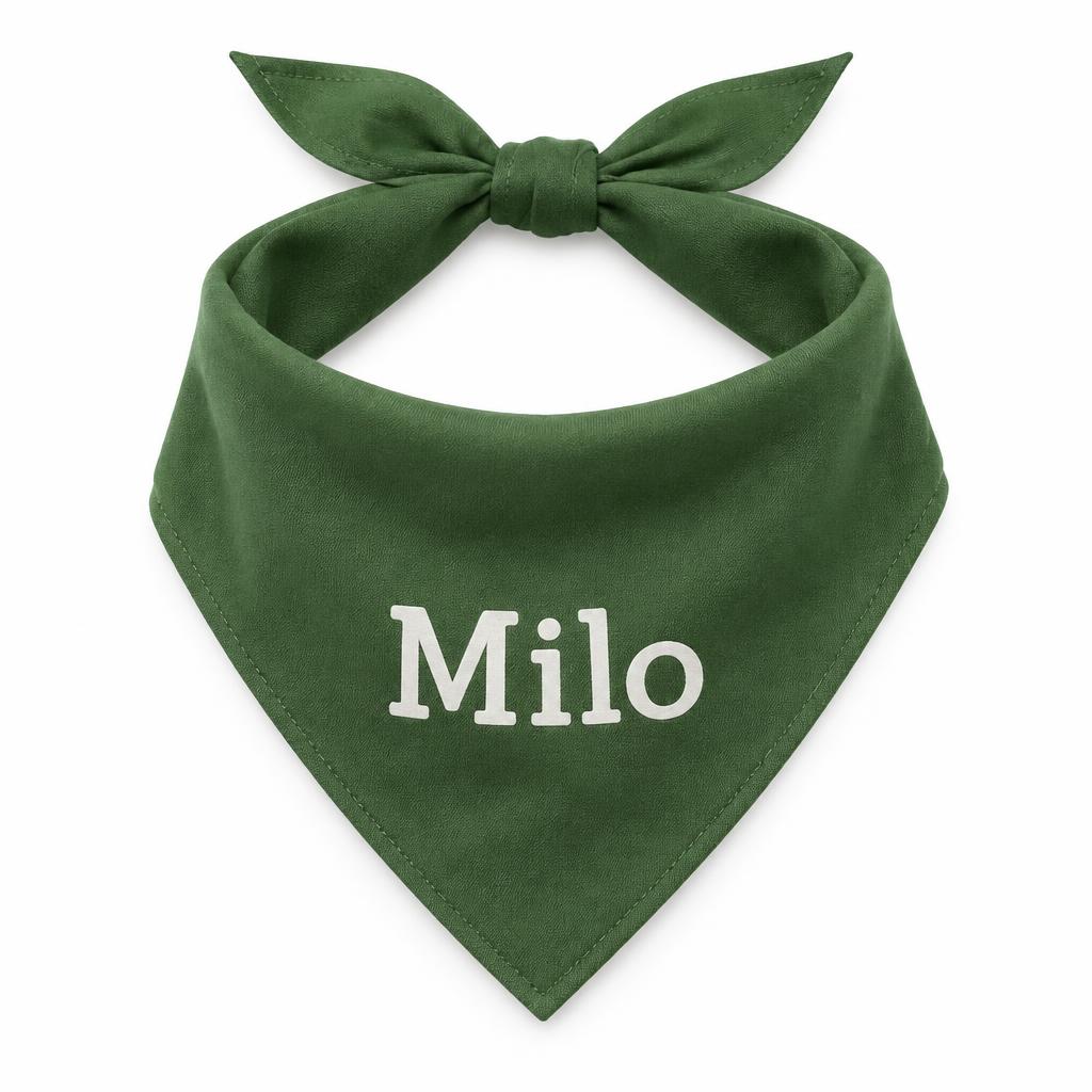 Green pet bandana with the name Milo in cream lettering, generated item preview